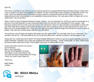 Dr. Sushil Nahar Best Plastic Surgeon Jodhpur Rajasthan - Fingers Replantation Success Story Testimonial