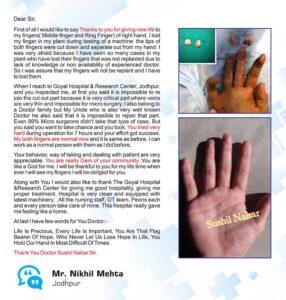 Dr. Sushil Nahar Best Plastic Surgeon Jodhpur Rajasthan - two Fingers Replantation Success Story Testimonial